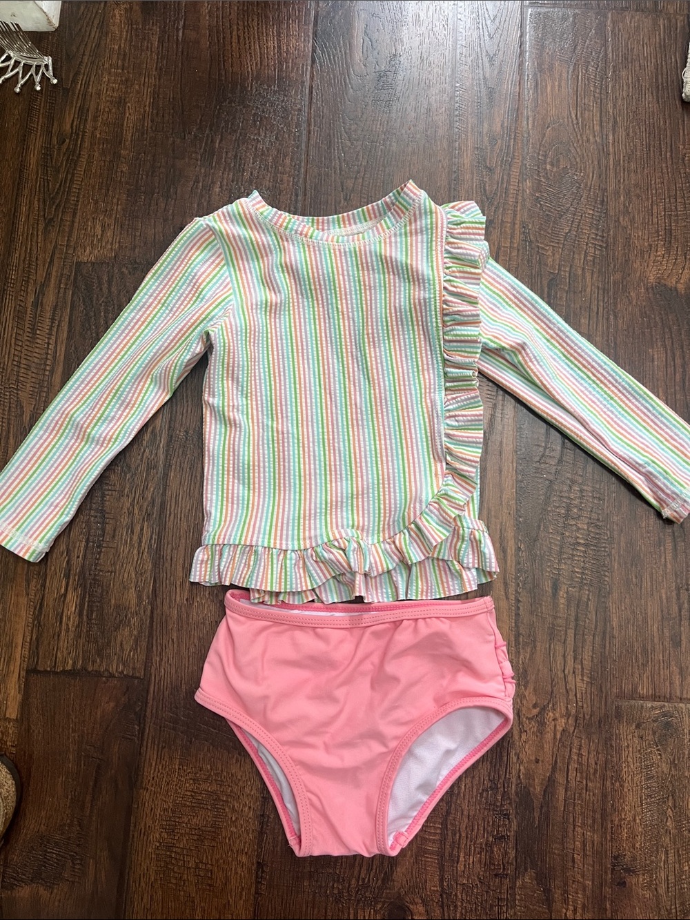 Ruffle Butts Pastel Rainbow Stripe Long-Sleeve Rashguard with Pink Bottoms